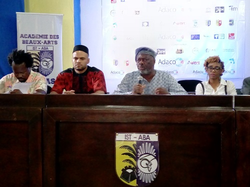 Mohombi et Balufu (au micro) entourés de Vitshois et Missy Bangala à la conférence sur les droits d’auteur en RDC (Adiac)