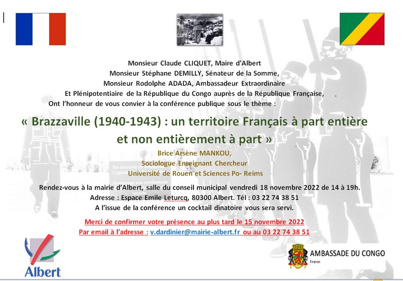 Conférence à Albert, France, sur Brazzaville, capitale de la France libre