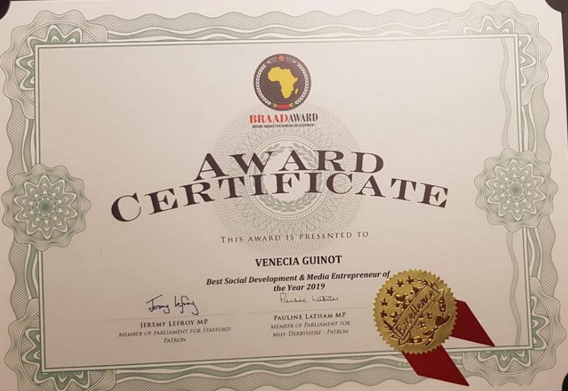 Certificat BRAAD AWRDS 2019 décerné à Venicia Guinot à Londres au Royaume-Uni